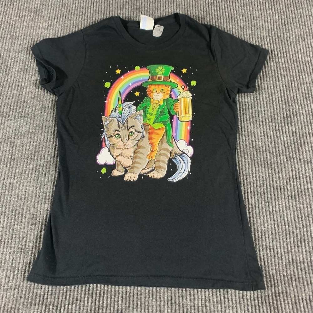 Port Company Top Womens Extra Small Black Cat Unicorn St Paddys Day Irish Funny